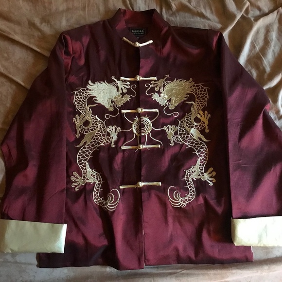 Traditional Chinese Mens Kung Fu Satin Red Golden Dragon Top - Picture 1 of 2